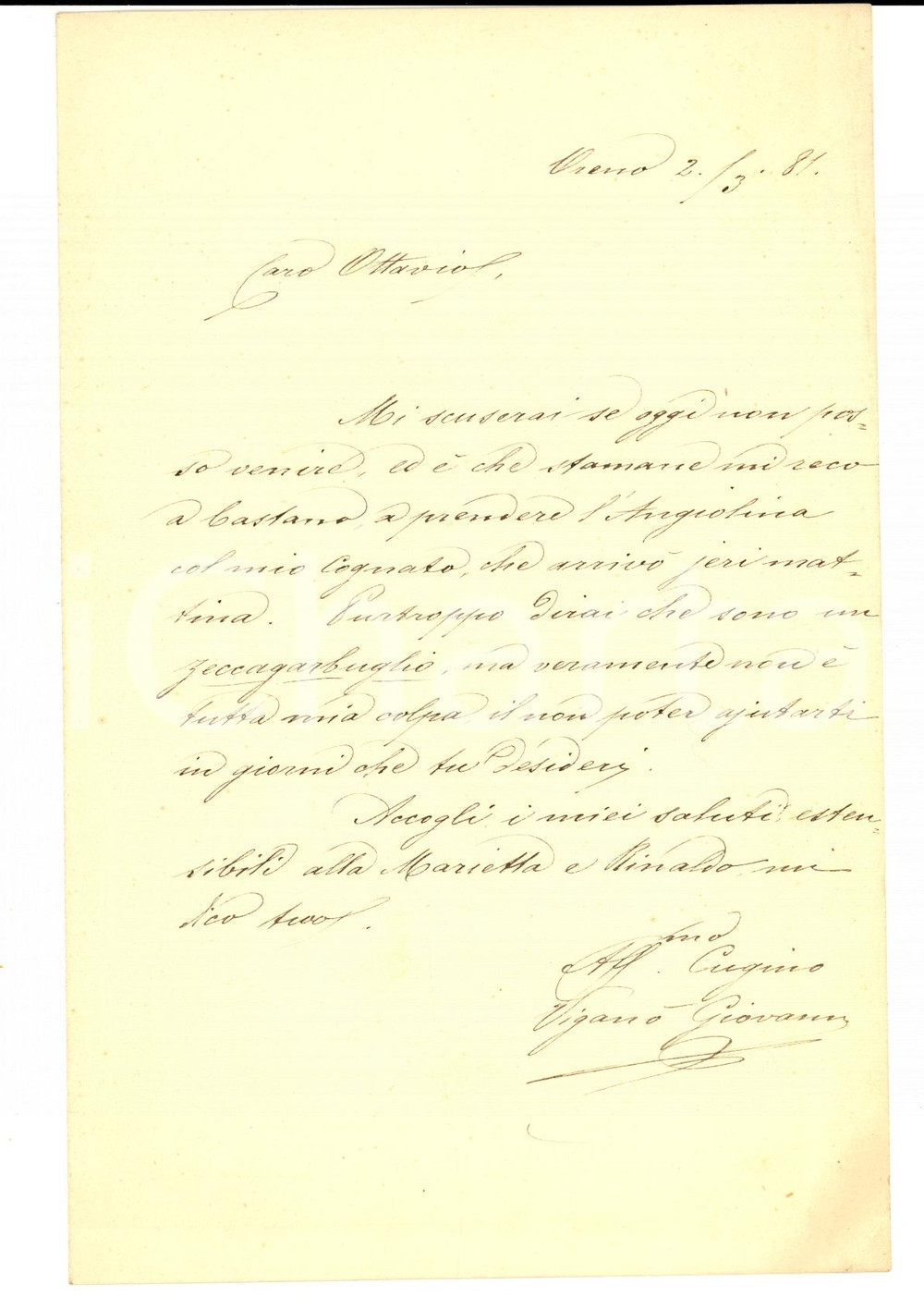 Manoscritto, lettera originale 1881 ORENO DI VIMERCATE MB Giovanni VIGANO  Dirai che sono un zeccagarbuglio 1