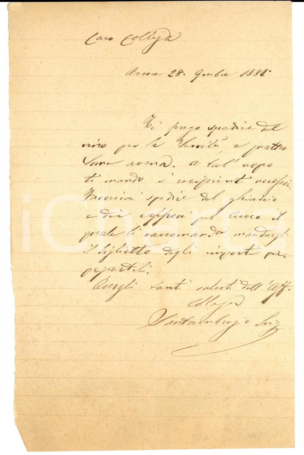 Manoscritto, lettera originale 1881 ARCORE MB Agente Luigi SANTAMBROGIO chiede invio di ghiaccio e capponi 1