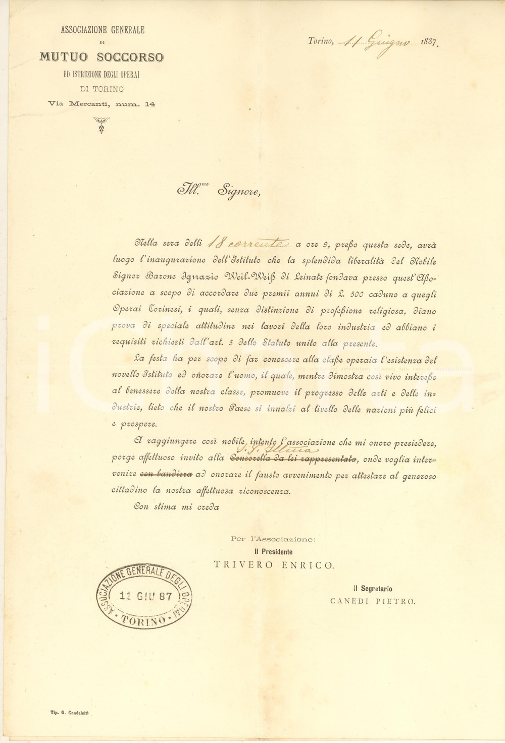 Documento originale, autentico 1887 TORINO Inaugurazione fondazione IGNAZIO WEILWEISS di LAINATE pro operai 1