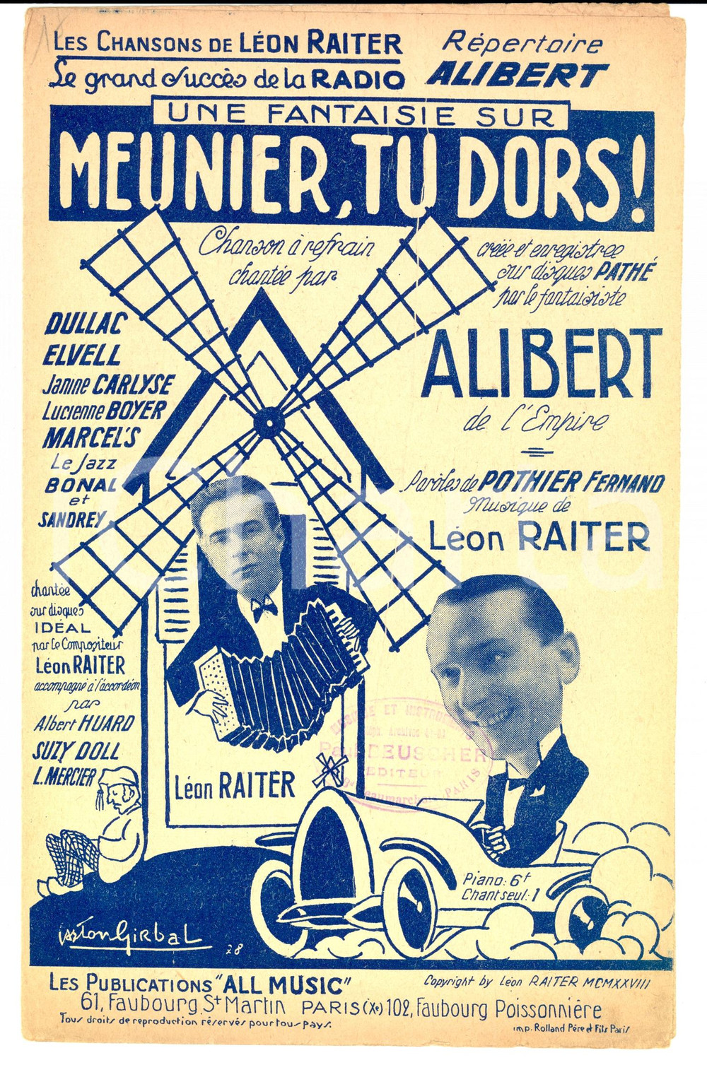 Oggetto da collezione cartaceo 1928 Fernand POTHIER LÃ©on RAITER Une fantaisie sur  Meunier, tu dors  Spartito 1