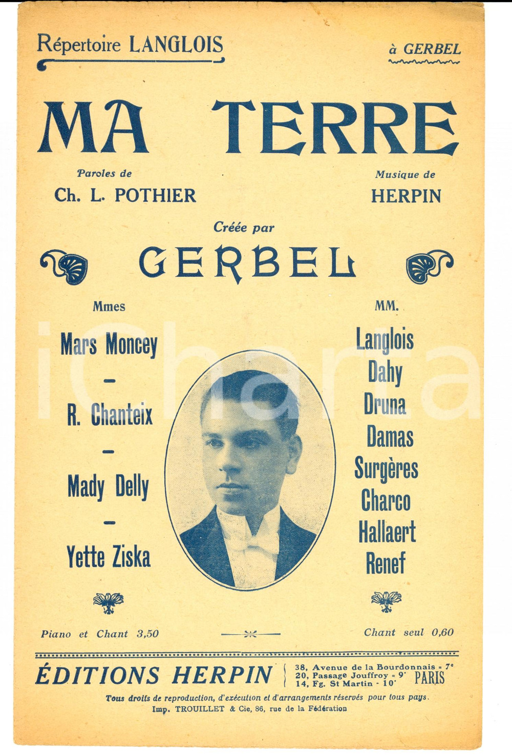 Oggetto da collezione cartaceo 1920 ca Charles L. POTHIER  HERPIN Ma terre  Crée par GERBEL Spartito 1