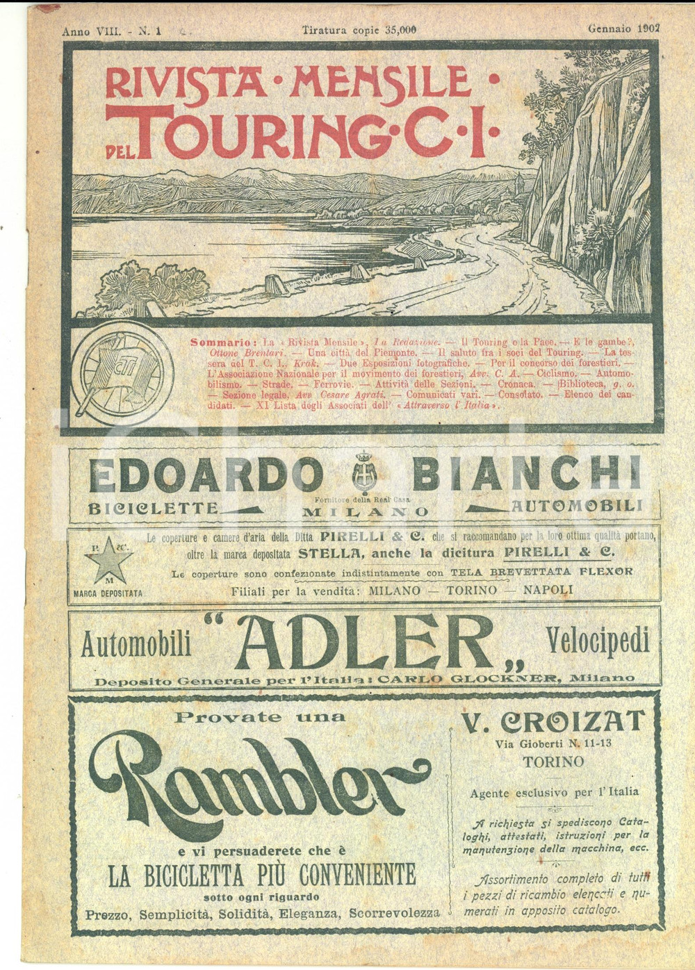 Materiale pubblicitario d’epoca 1902 TOURING CLUB ITALIANO Rivista mensile  Città di SAVIGLIANO Anno VIII n°1 1