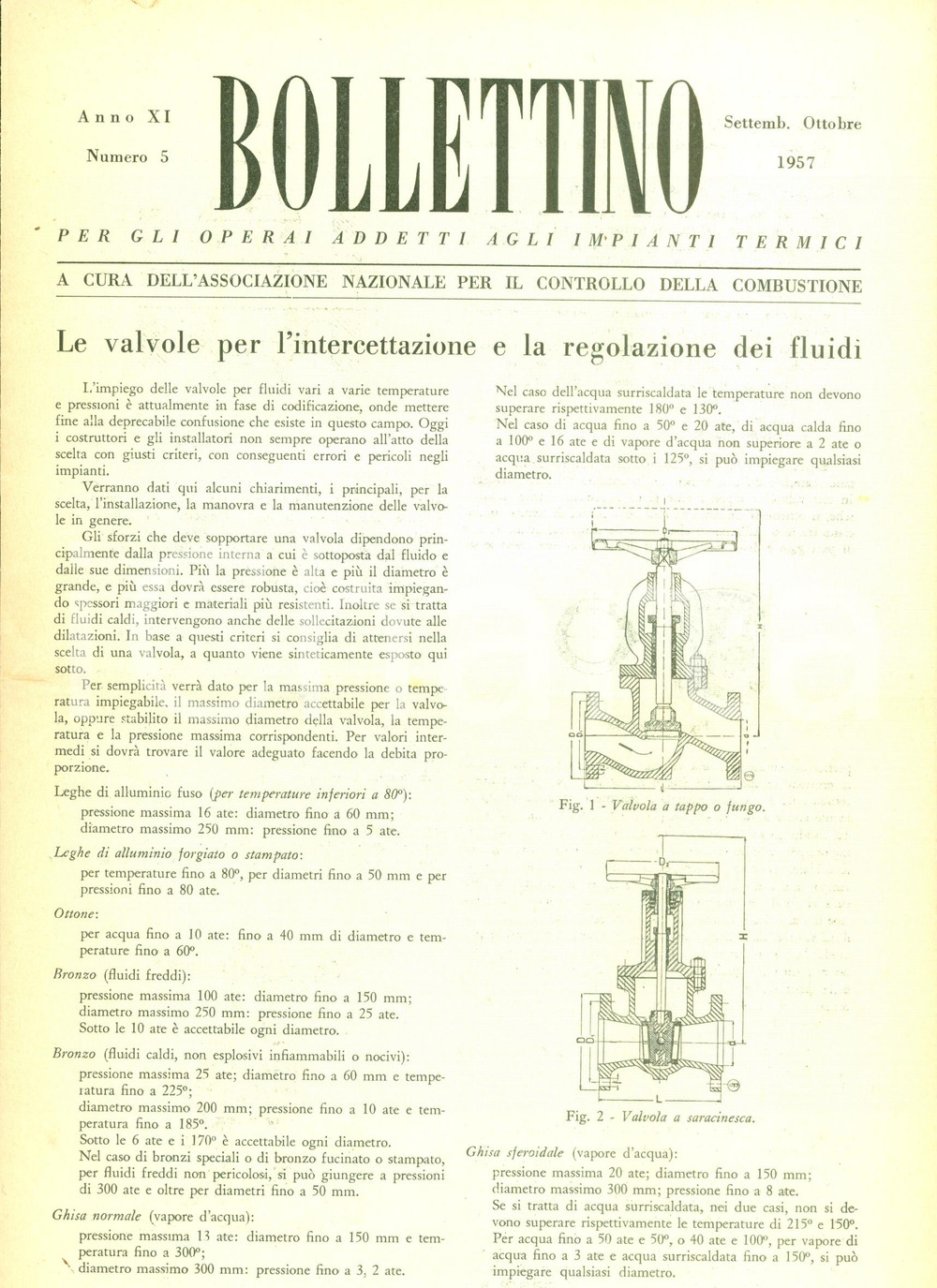 Giornale, rivista storica 1957 BOLLETTINO OPERAI IMPIANTI TERMICI Valvole per regolazione fluidi 4 1