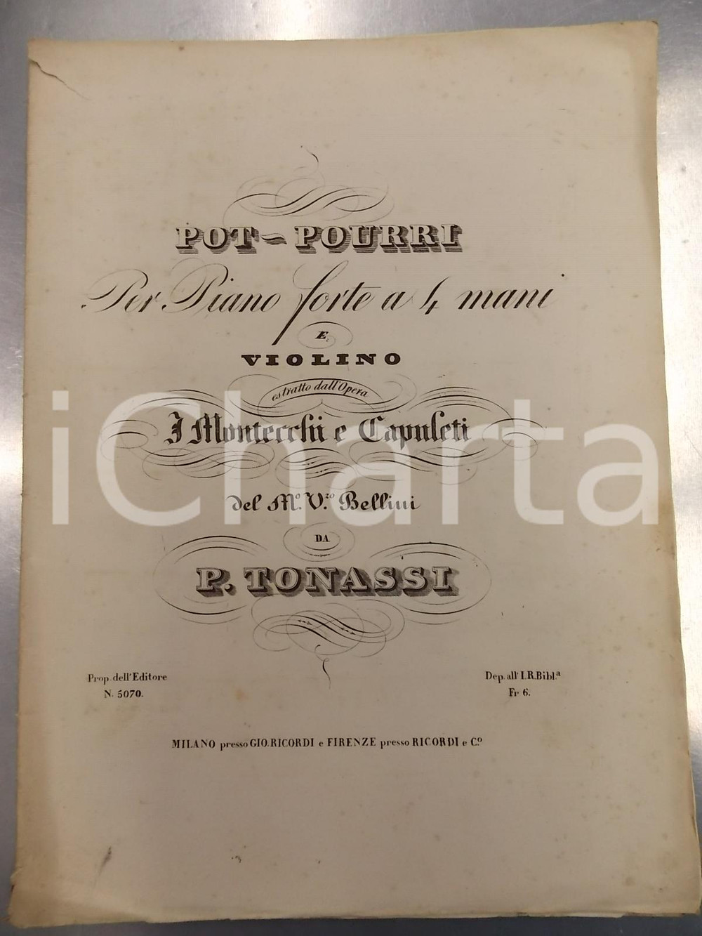 Oggetto da collezione cartaceo 1874 Pietro TONASSI Potpourri estratto dall'opera I Montecchi e Capuleti RICORDI 1