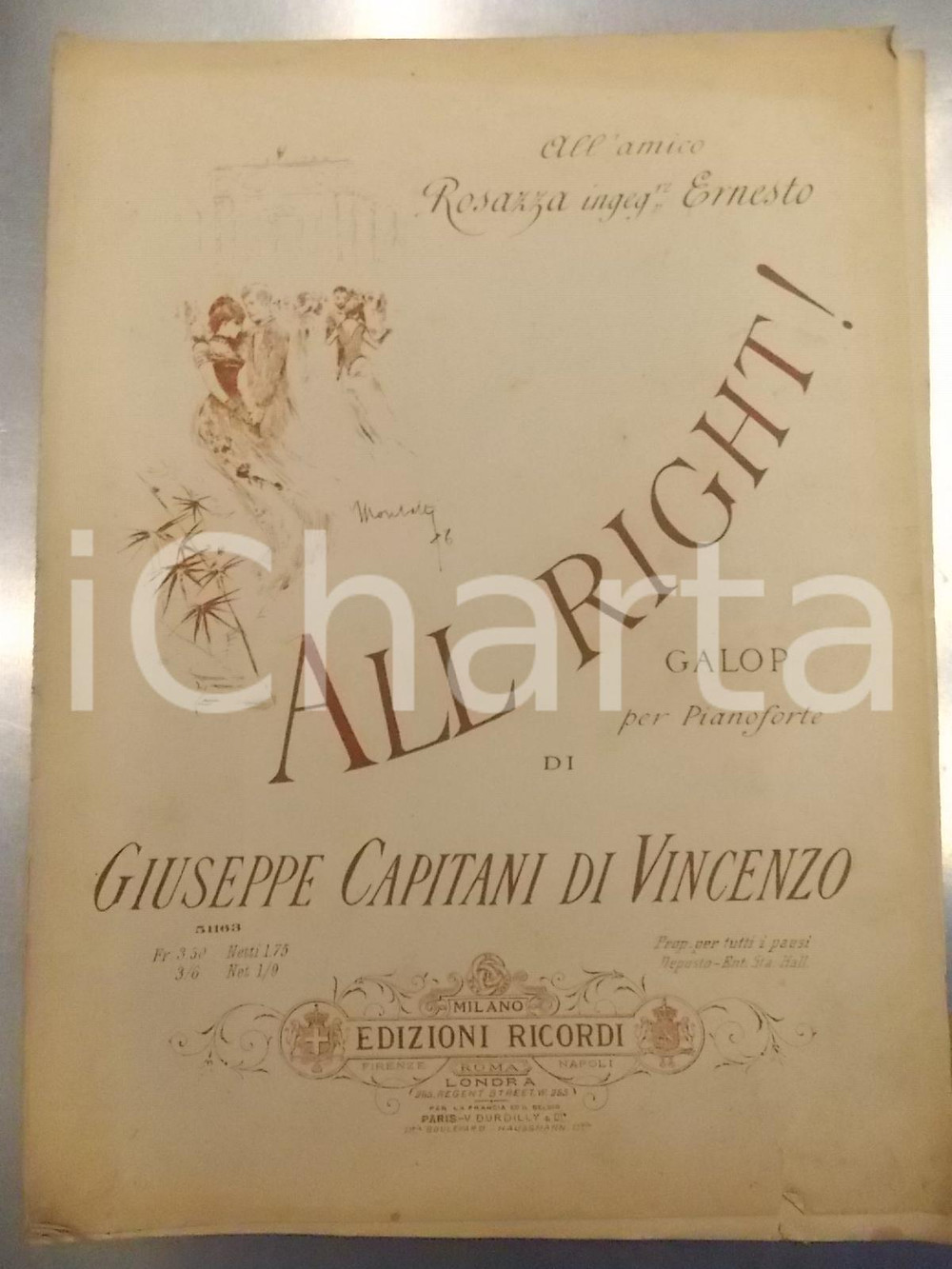 Oggetto da collezione cartaceo 1887 Giuseppe CAPITANI DI VINCENZO All right! Galop per pianoforte Ill. MONTALTI 1