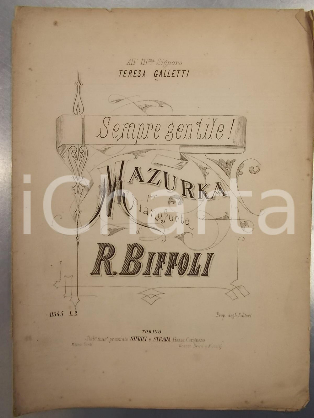 Oggetto da collezione cartaceo 1873 Raffaello BIFFOLI Sempre gentile! Mazurka per pianoforte GIUDICI E STRADA 1