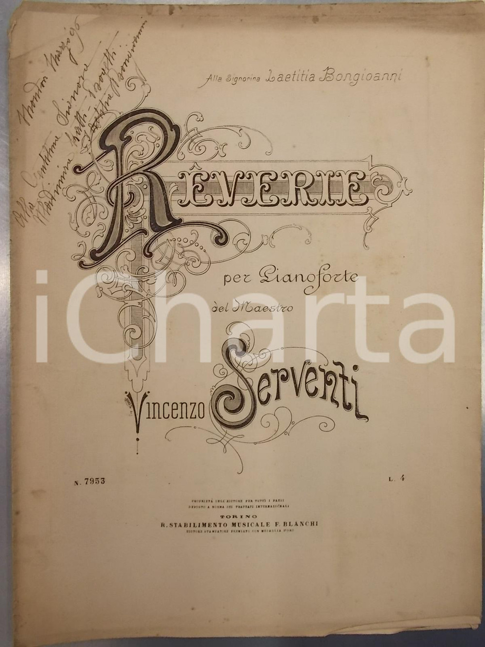 Oggetto da collezione cartaceo 1870 ca Vincenzo SERVENTI Reverie per pianoforte Autografo Laetitia BONGIOVANNI 1
