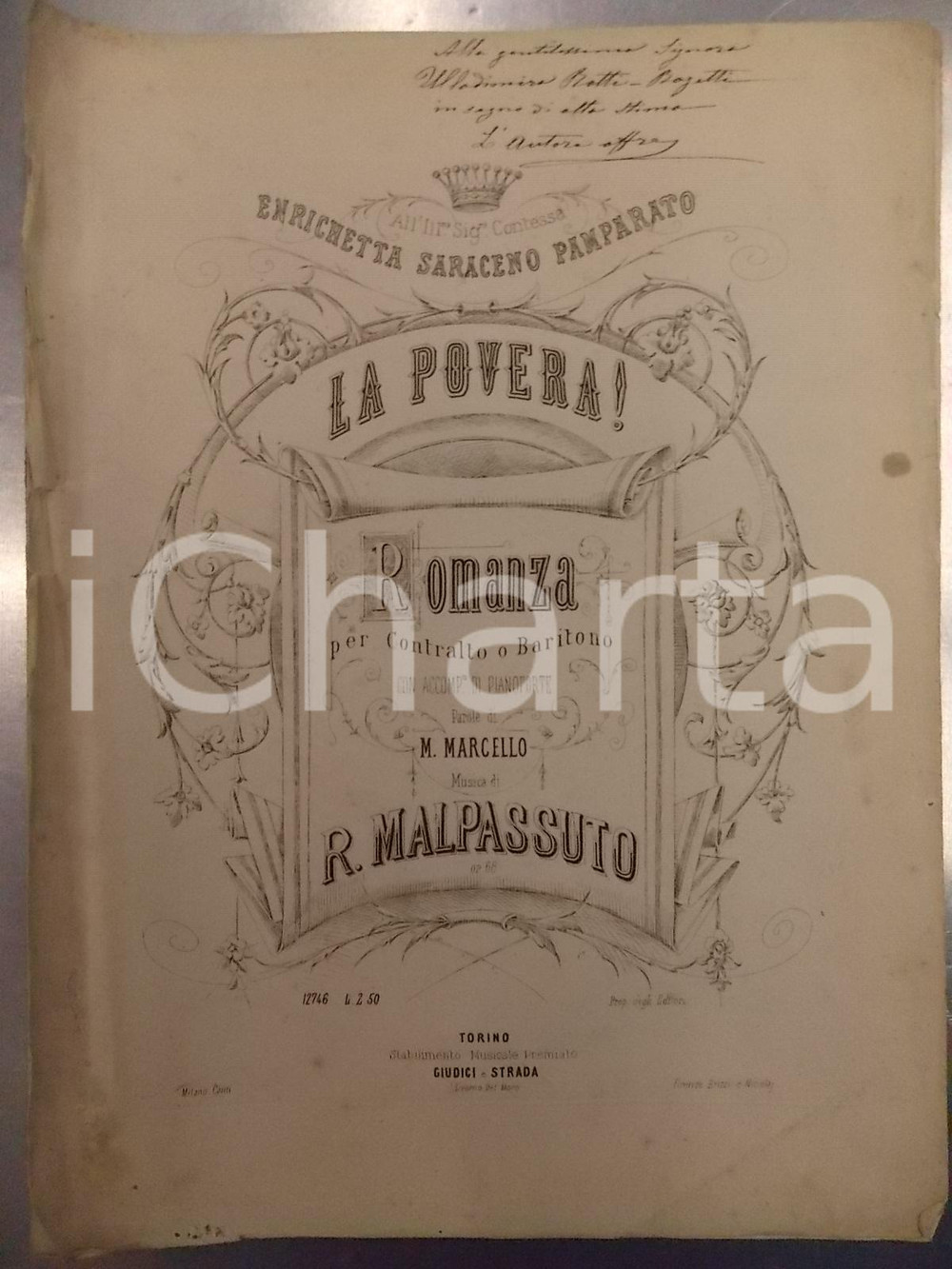 Oggetto da collezione cartaceo 1880 ca R. MALPASSUTO La povera! Romanza per contralto o baritono *AUTOGRAFO 1
