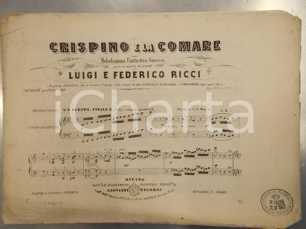 Oggetto da collezione cartaceo 1850 ca Luigi e Federico RICCI Crispino e la comare  - Melodramma *Ed. RICORDI 1