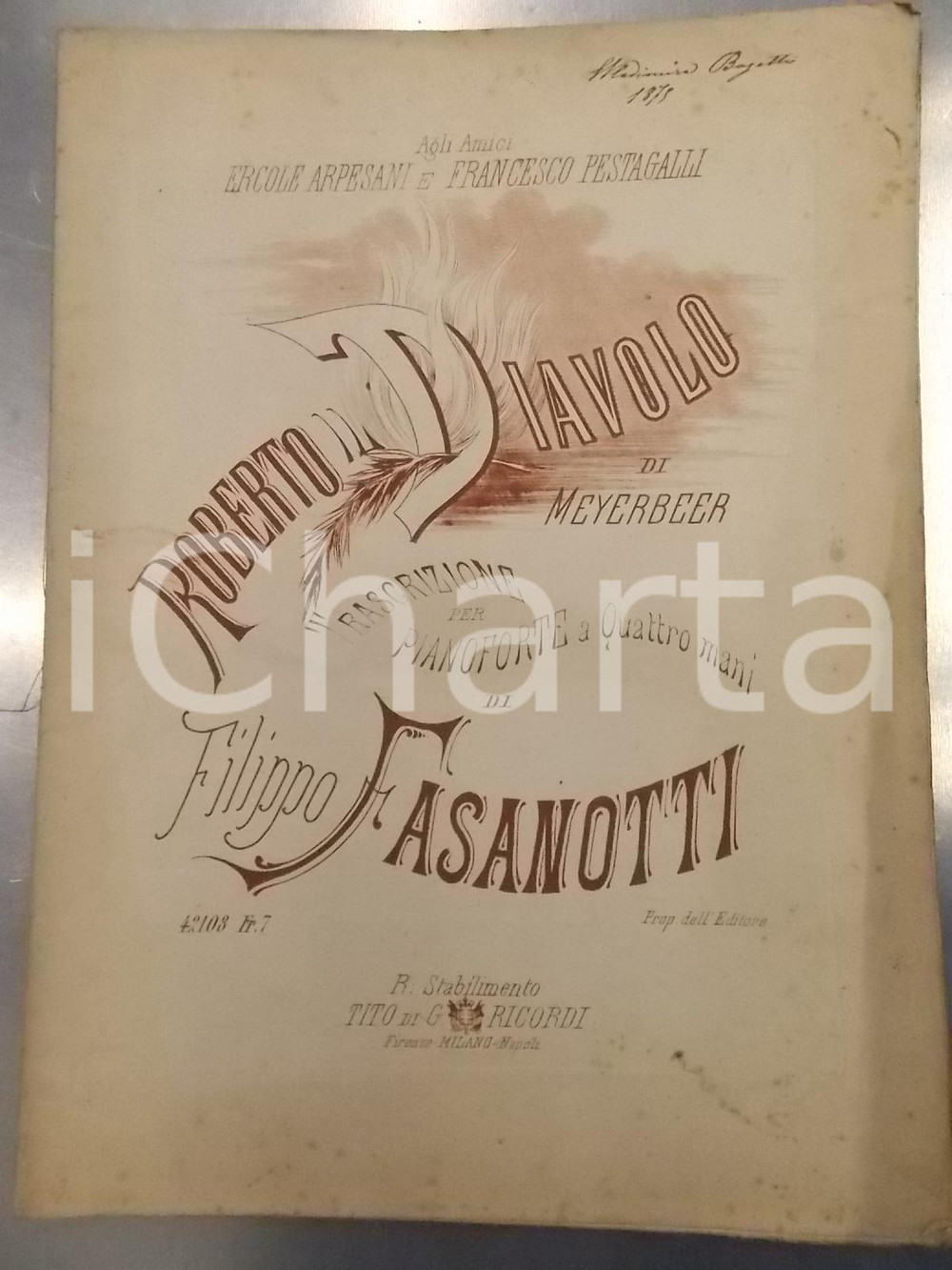 Oggetto da collezione cartaceo 1873 Giacomo MEYERBEER Roberto il diavolo  Trascrizione di Filippo FASANOTTI 1