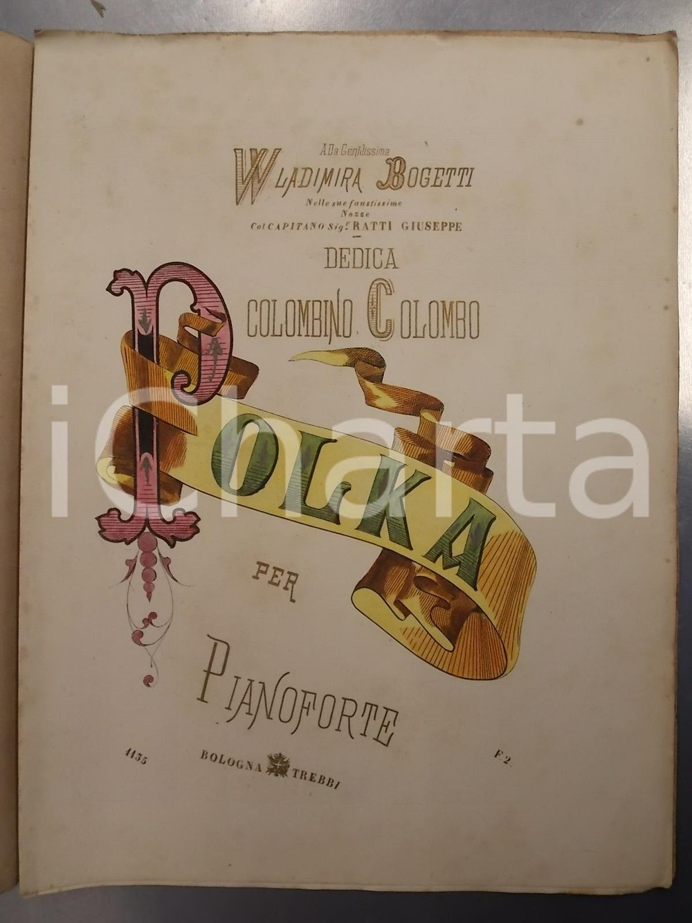 Oggetto da collezione cartaceo 1880 ca Colombino COLOMBO Polka per pianoforte a Wladimira BOGETTI *RARO 1