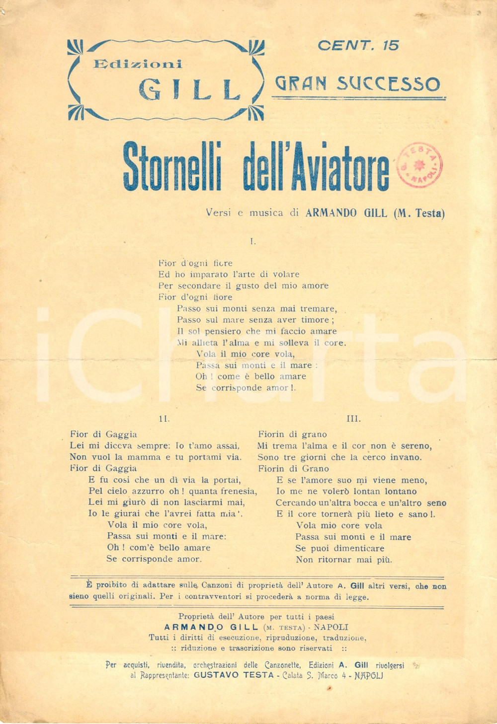 Oggetto da collezione cartaceo 1920 Armando GILL Stornelli dell'aviatore *Volantino con testo canzone 1