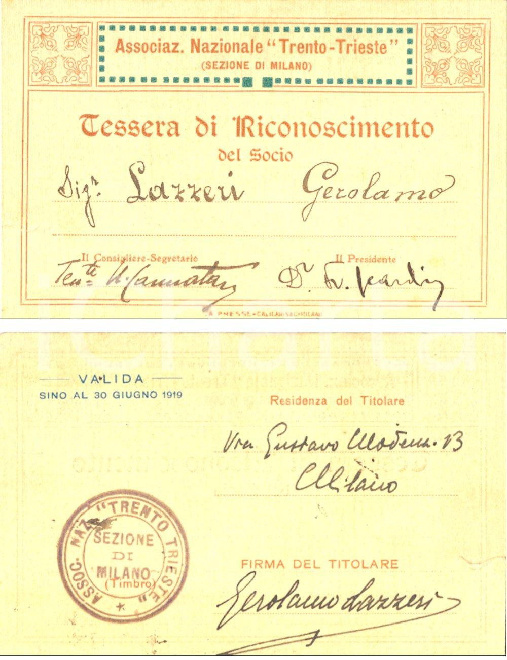 Autografo originale 1918 MILANO Gerolamo LAZZERI Associazione Nazionale TRENTOTRIESTE Autografo 1