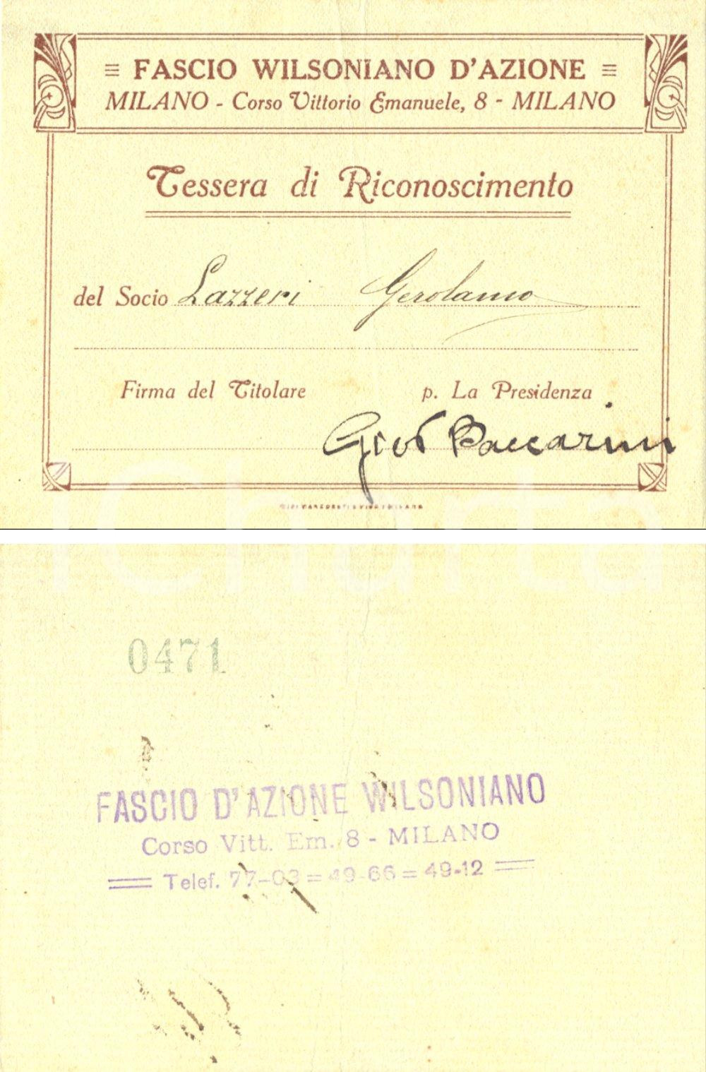 Documento originale, autentico 1925 ca MILANO Antifascista Gerolamo LAZZERI Fascio Walsoniano d Azione Tessera 1