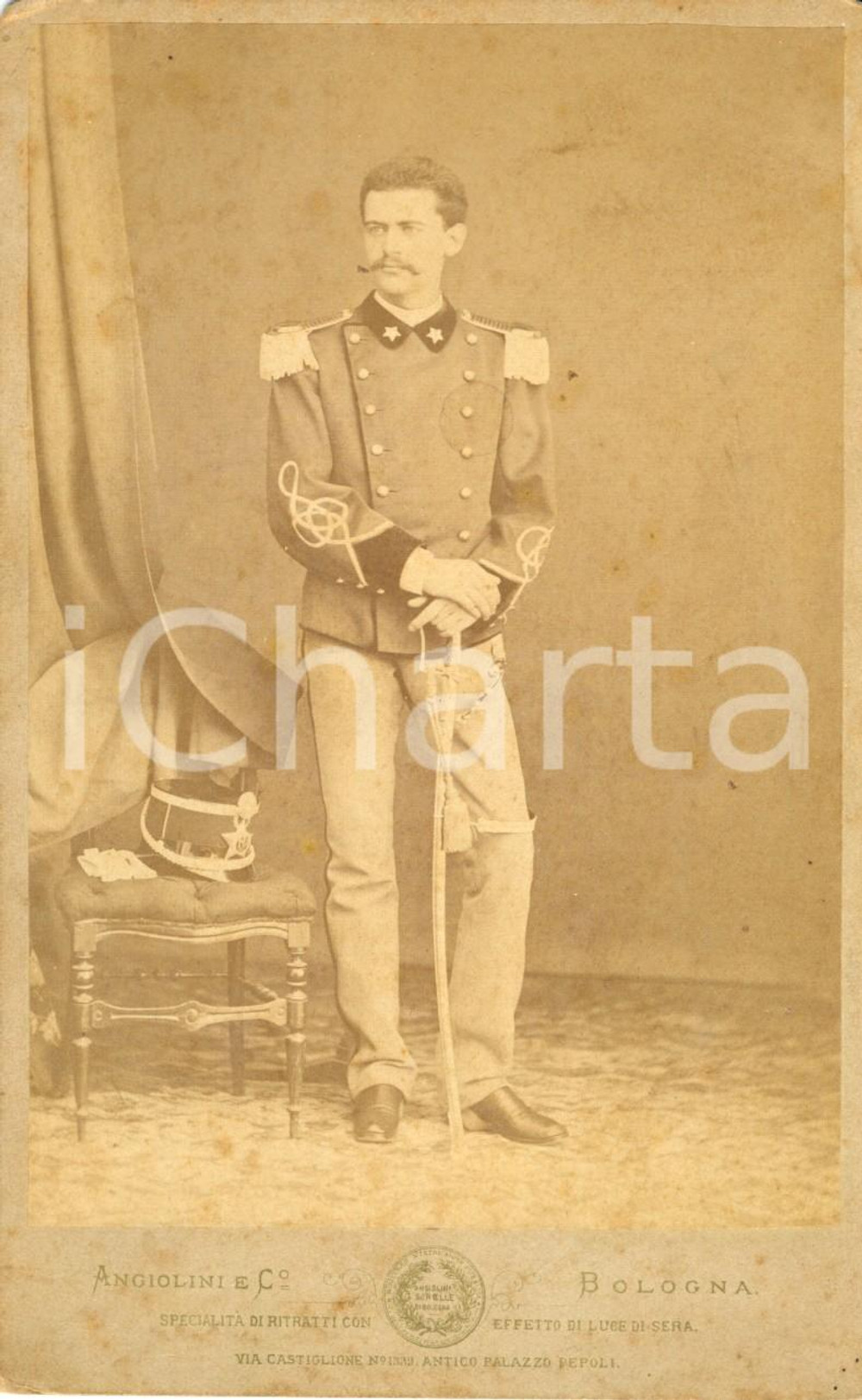 Fotografia d'epoca originale 1900 ca BOLOGNA Ufficiale del 64° Reggimento ARTIGLIERIA *Foto ANGIOLINI & C. 1
