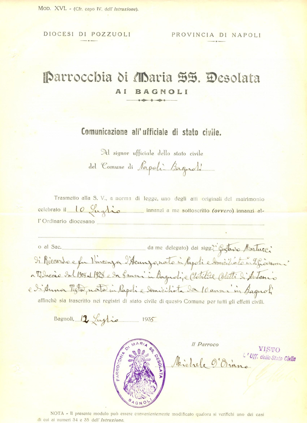 Documento originale, autentico 1935 NAPOLI BAGNOLI Lettera Parrocchia MARIA SS. DESOLATA nozze MARTUCCI 1
