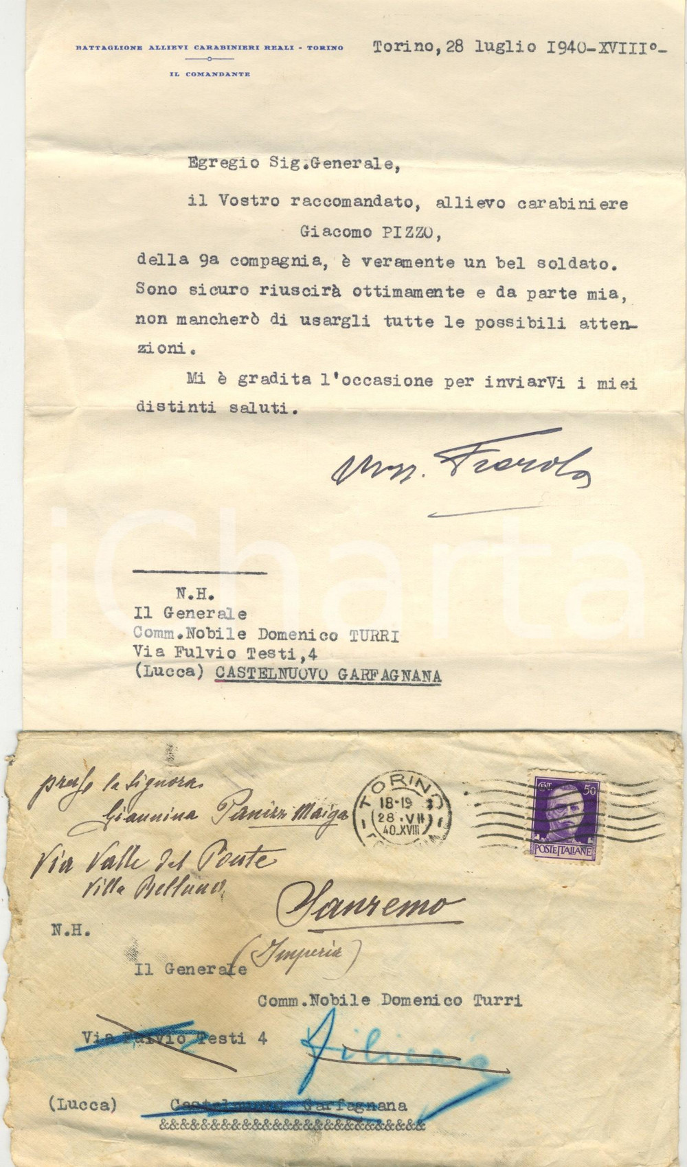 Autografo originale 1940 TORINO Comandante Allievi CARABINIERI su Giacomo PIZZO Autografo 1
