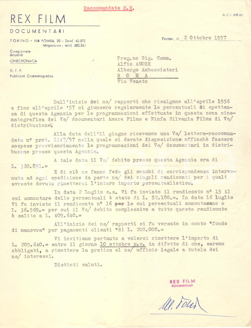 Manoscritto, lettera originale 1957 TORINO REX FILM Documentari sospende proiezioni AMORE FILM Lettera 1