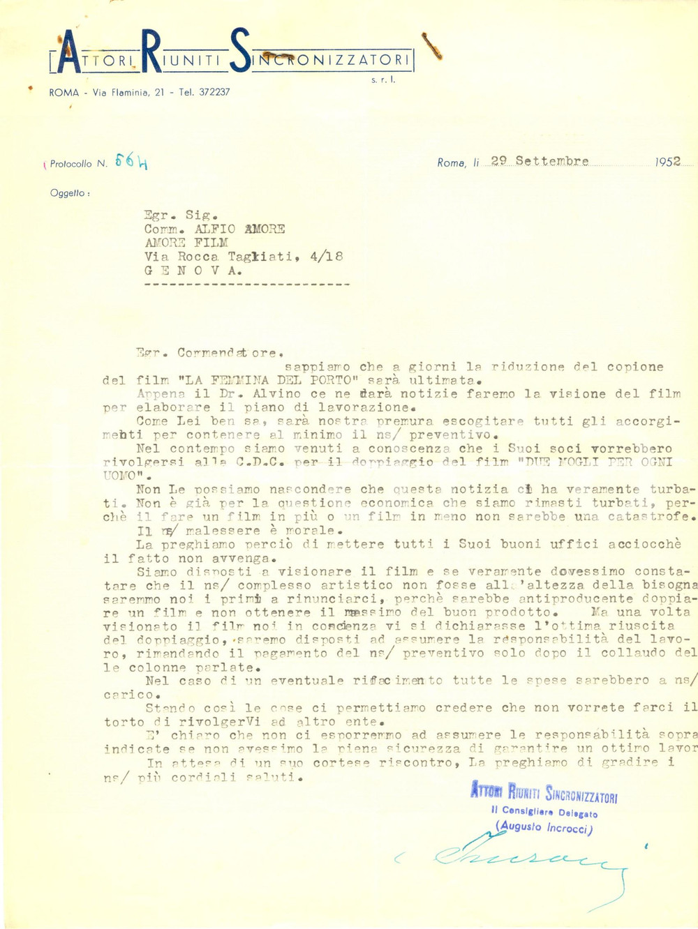 Manoscritto, lettera originale 1952 ROMA ATTORI RIUNITI SINCRONIZZATORI protesta per mancato lavoro Lettera 1