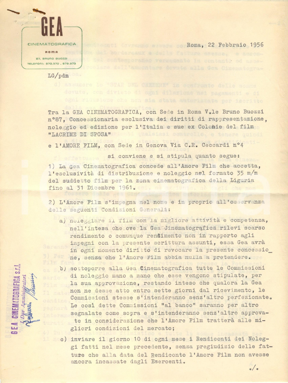 Documento originale, autentico 1956 MILANO Contratto GEA CINEMATOGRAFICA e AMORE FILM per  Lacrime di sposa 1