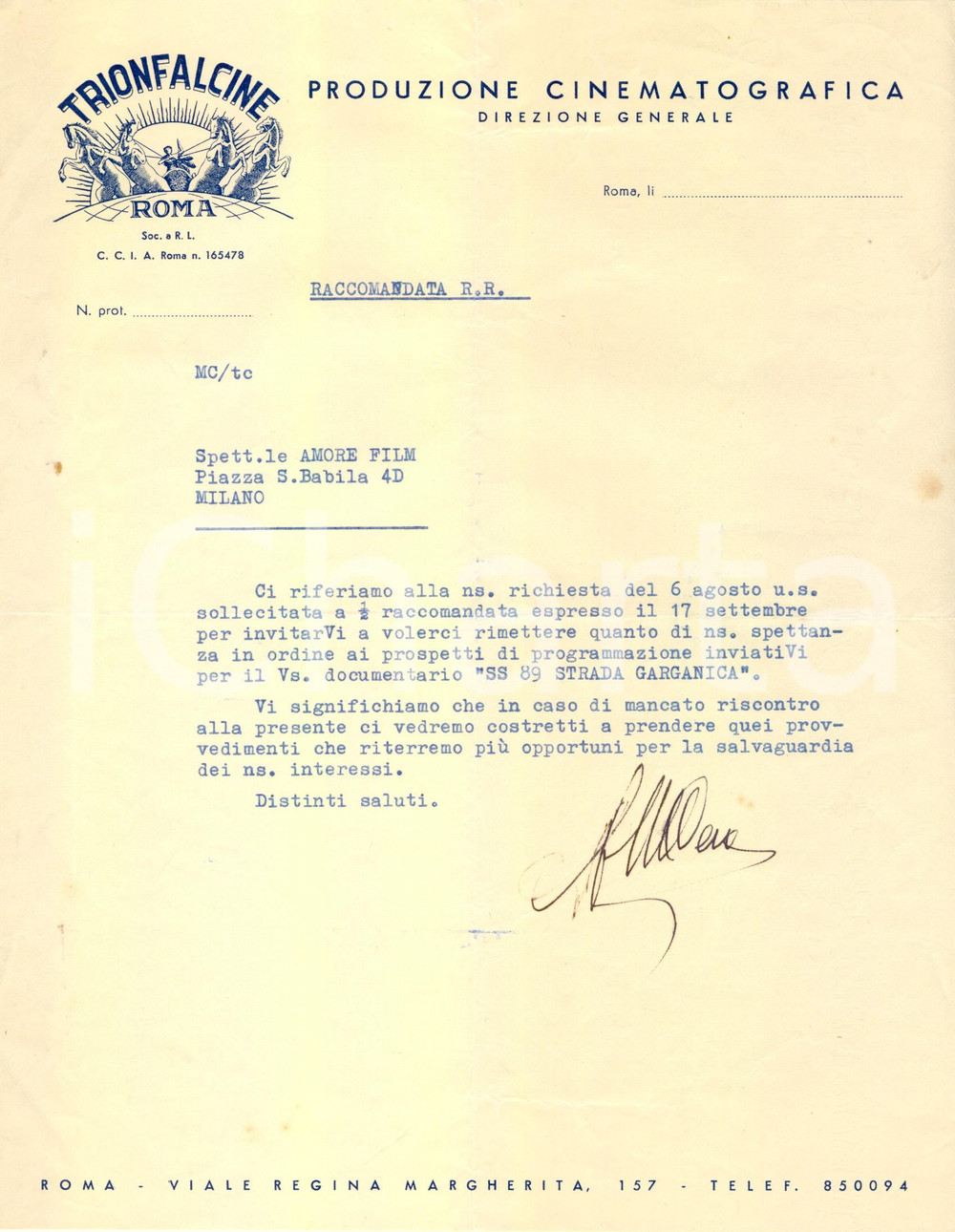 Manoscritto, lettera originale 1955 ROMA CINEMA TRIONFALCINE chiede saldo per  SS 89 Strada Garganica 1