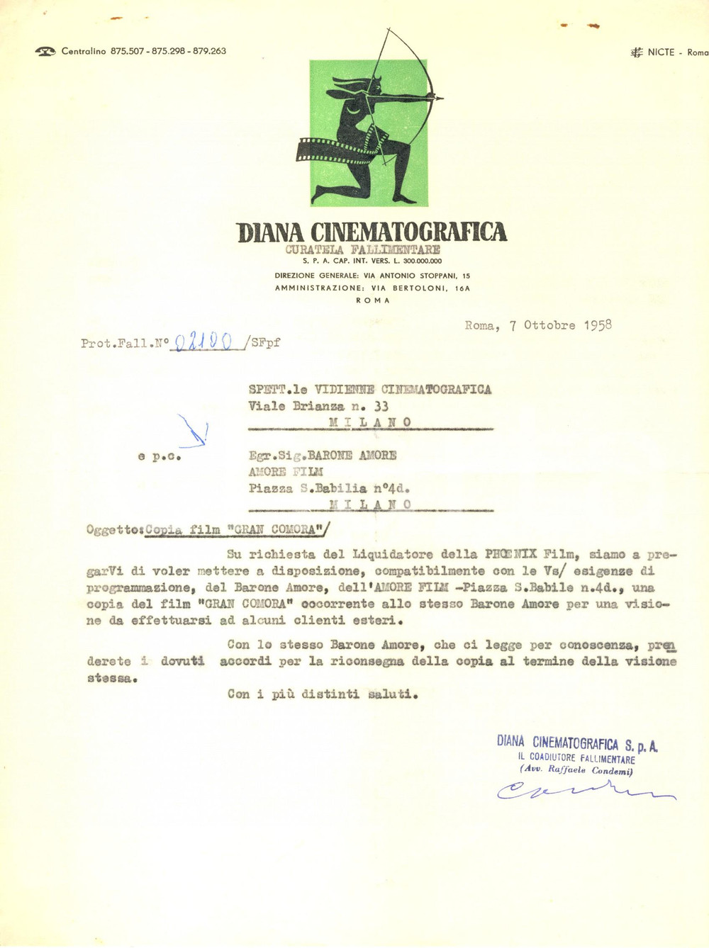 Manoscritto, lettera originale 1958 CINEMA ROMA DIANA CINEMATOGRAFIA chiede copia film  Gran Comora 1