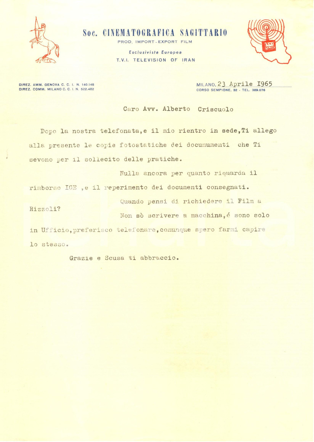 Manoscritto, lettera originale 1956 MILANO Società Cinematografica SAGITTARIO esclusivista TELEVISION OF IRAN 1