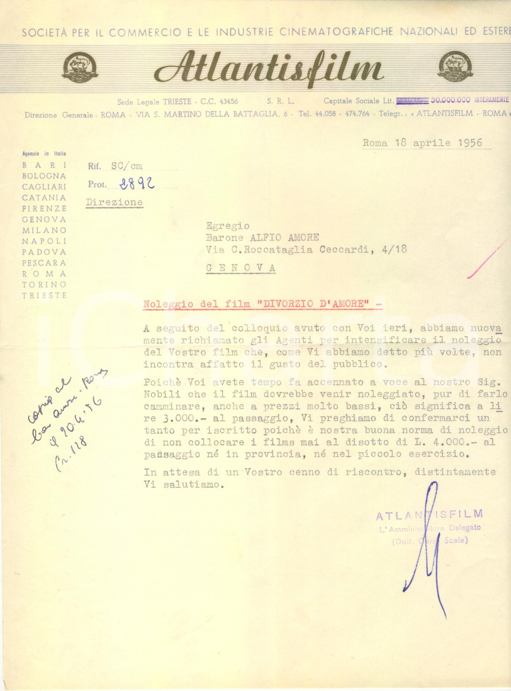 Manoscritto, lettera originale 1956 ROMA CINEMA Lettera ATLANTIS FILM sul flop del film 'Divorzio d'amore' 1