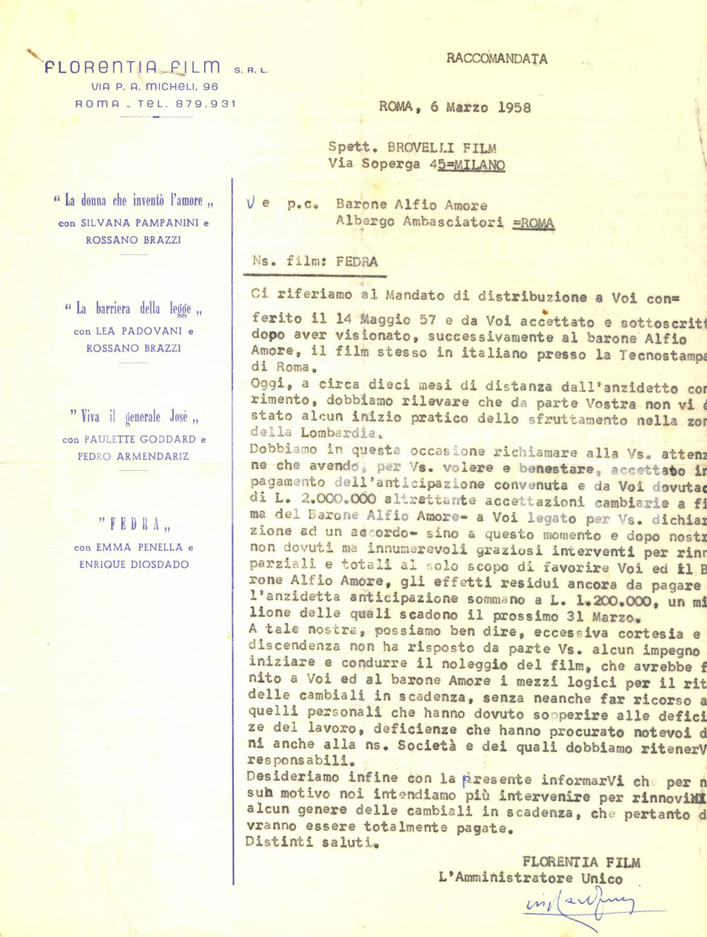 Manoscritto, lettera originale 1958 ROMA FLORENTIA FILM sulla distribuzione del film FEDRA Lettera 1
