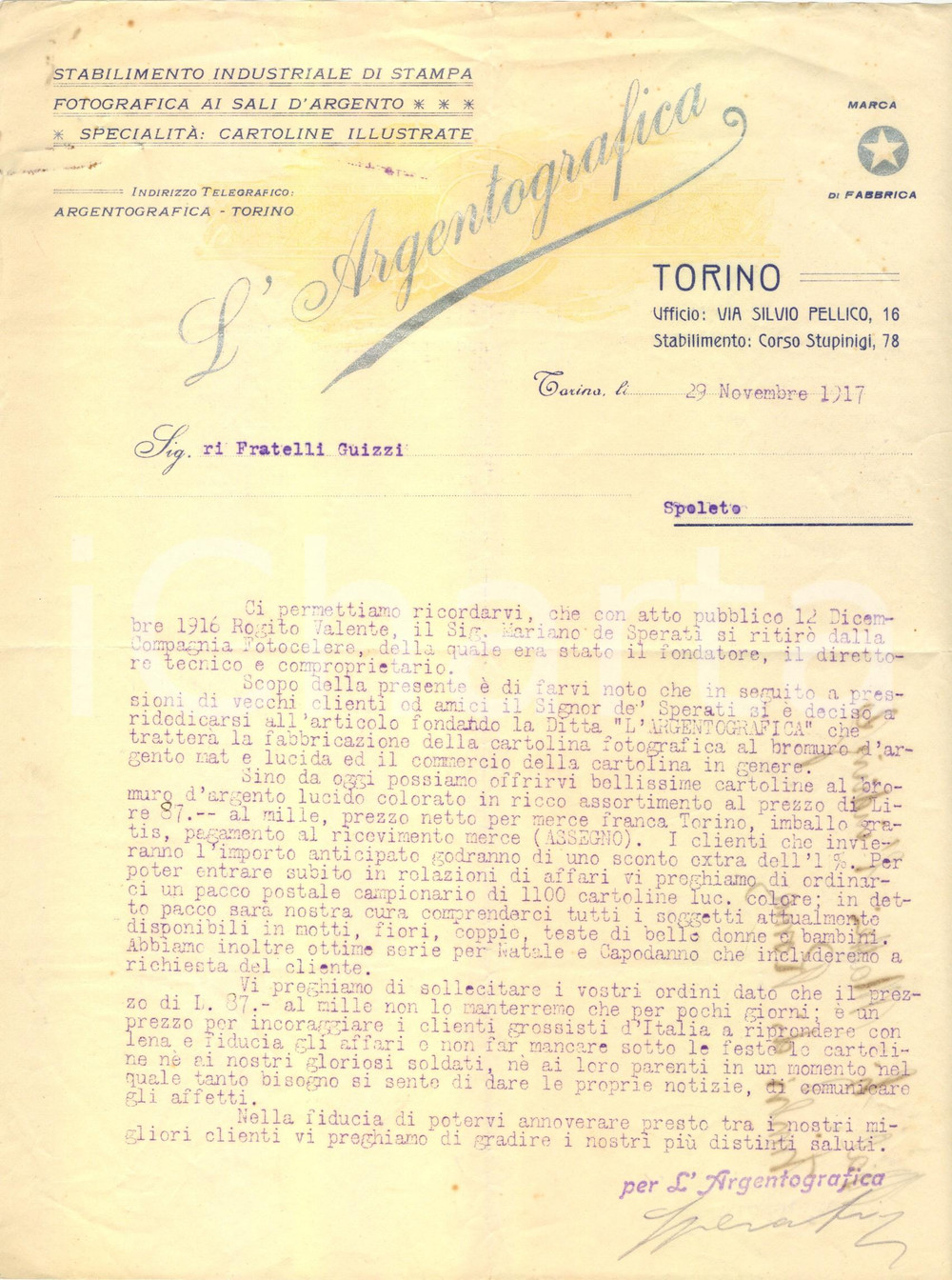 Documento originale, autentico 1917 TORINO Ditta L'ARGENTOGRAFICA Cartoline ai nostri gloriosi soldati *Lettera 1