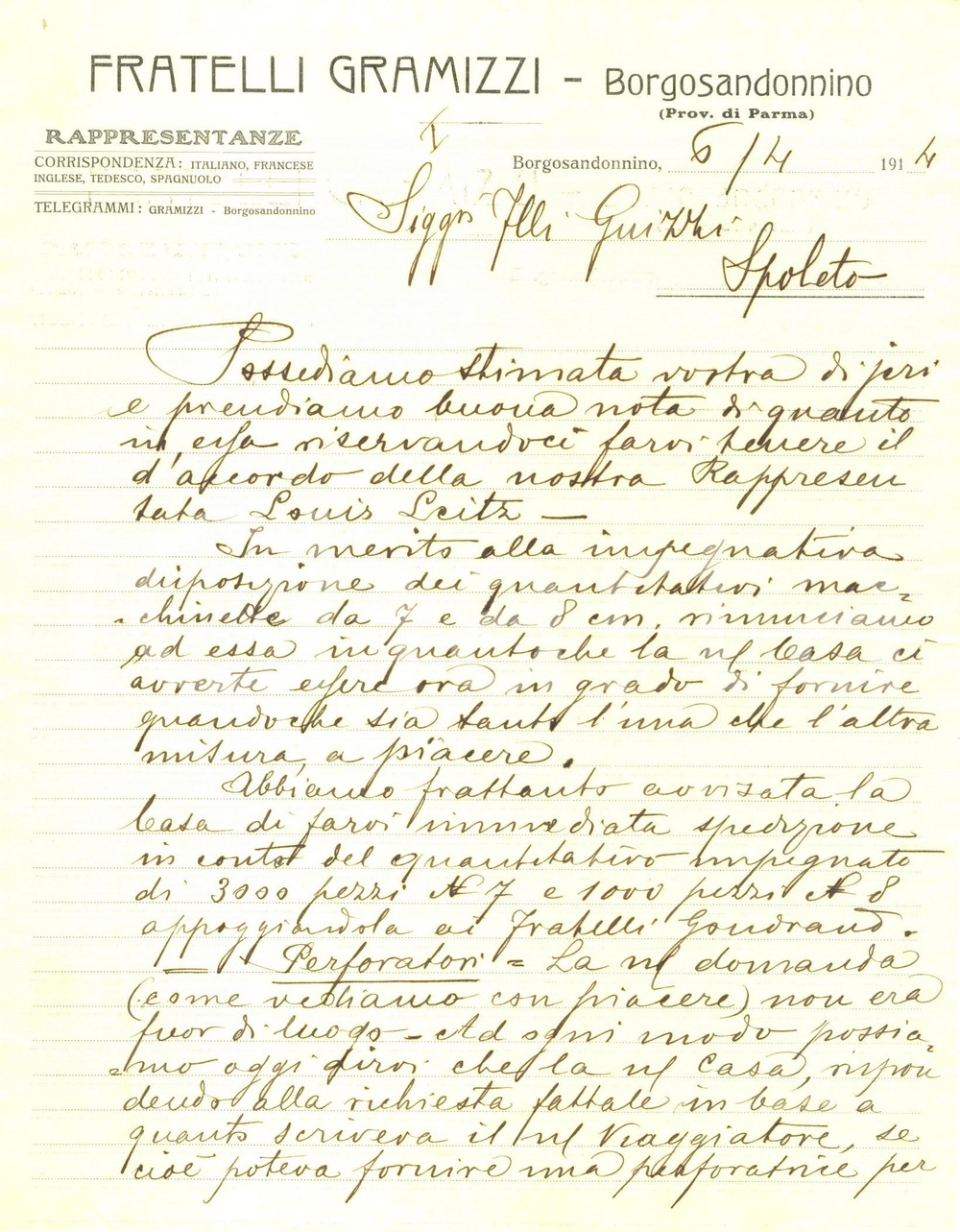 Documento originale, autentico 1914 FIDENZA (PR) Ditta FRATELLI GRAMIZZI su ordine per macchine LEITZ *Lettera 1