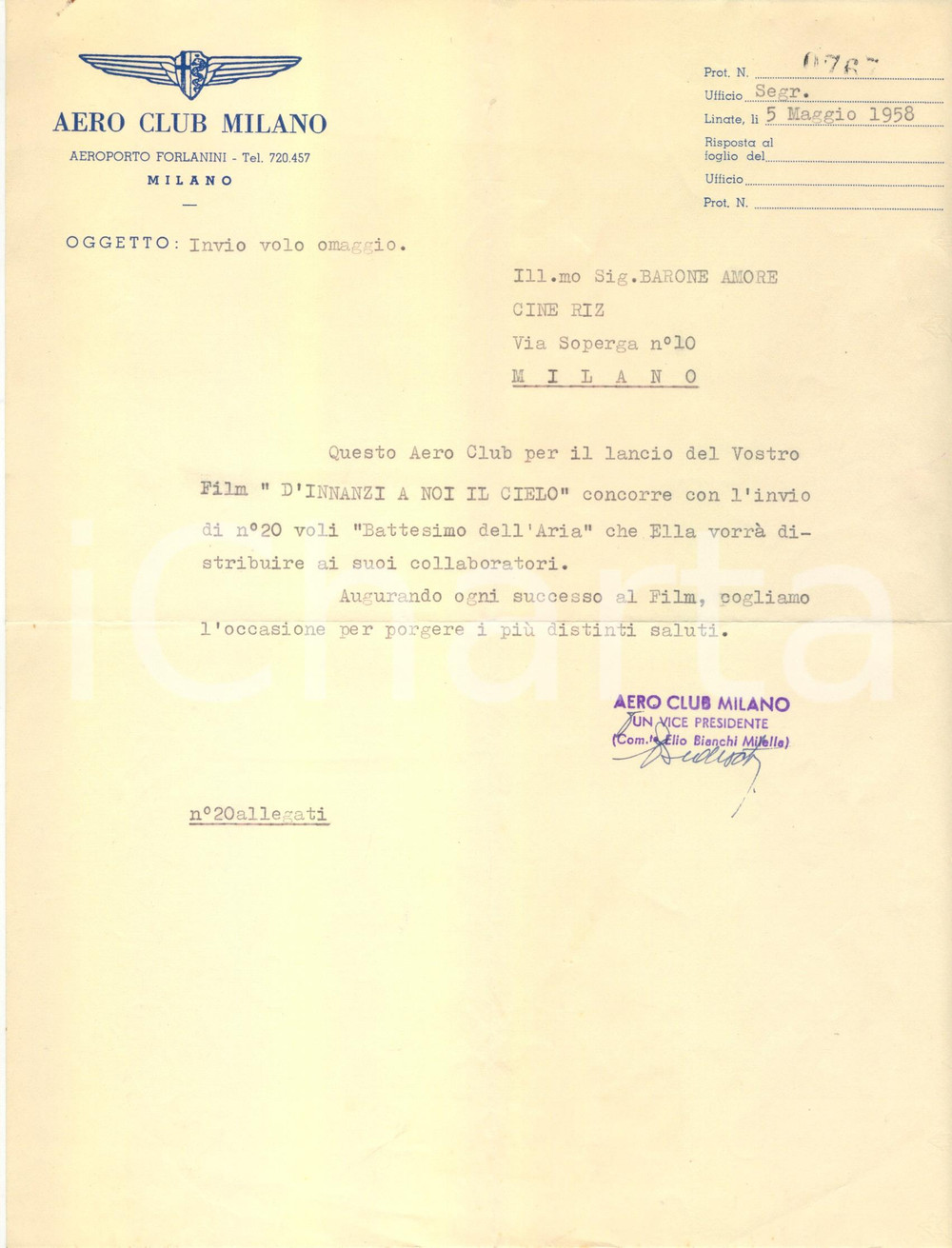 Manoscritto, lettera originale 1958 AERO CLUB MILANO Elio BIANCHI MILELLA offre voli per lancio film Autografo 1