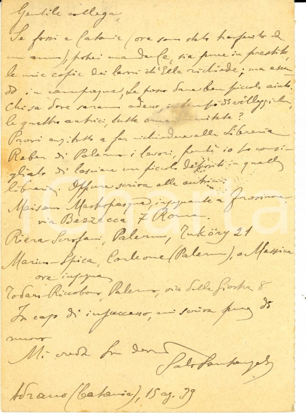 Autografo originale 1939 ADRANO CT Salvatore SANTANGELO consiglia Libreria REBER Autografo 1