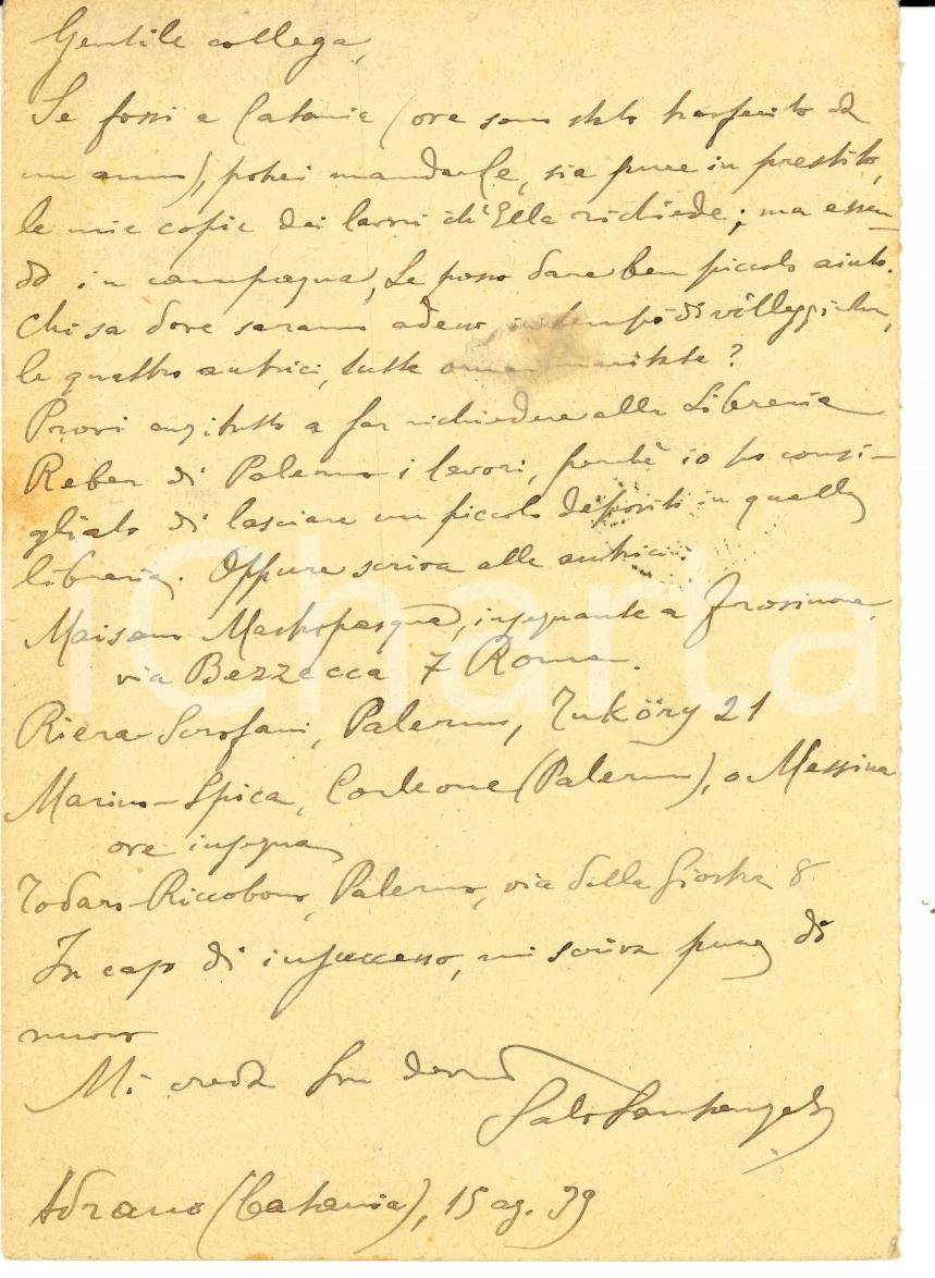 Autografo originale 1939 ADRANO CT Salvatore SANTANGELO consiglia Libreria REBER Autografo 1