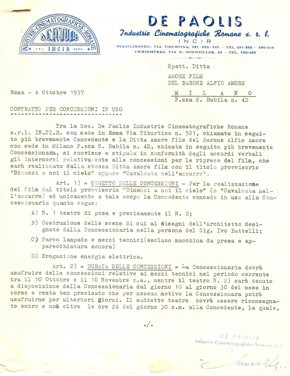 Manoscritto, lettera originale 1958 ROMA DE PAOLIS concede teatro per film  Dinanzi a noi il cielo  Lettera 1