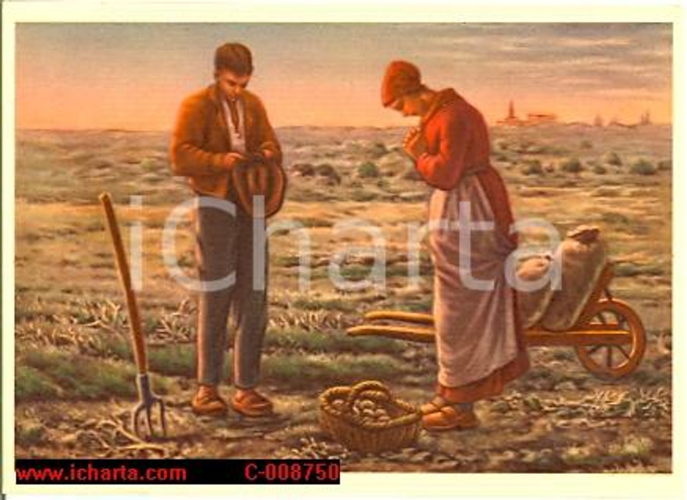Cartolina originale da collezione 1950 Jean-François MILLET Angelus *Pro Villaggio degli Orfani PADRE MARCELLO 1