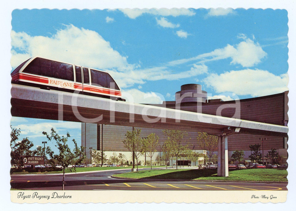 Cartolina originale da collezione 1975 ca DEARBORN, MICHIGAN (USA) Ultramoderna navetta FAIRLANE per HYATT REGENCY 1