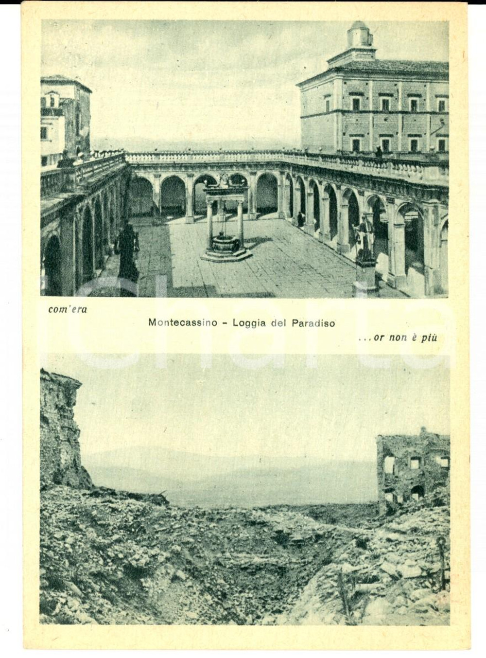 Cartolina originale da collezione 1945 ca ABBAZIA MONTECASSINO Loggia prima e dopo il bombardamento Cartolina 1