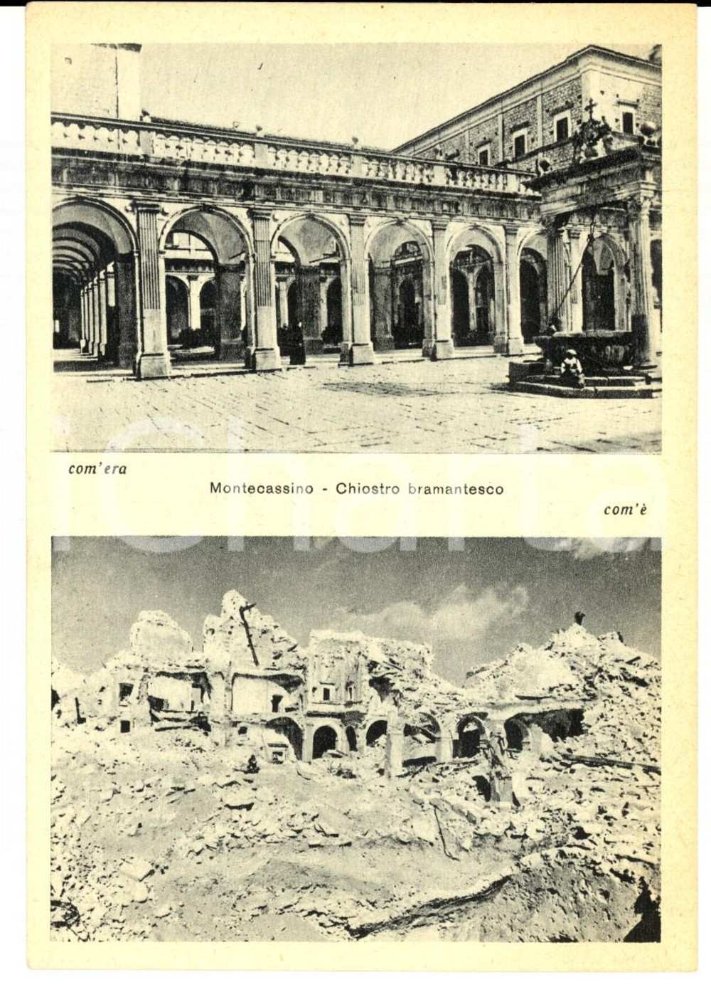 Cartolina originale da collezione 1945 ca ABBAZIA MONTECASSINO Chiostro prima e dopo il bombardamento Cartolina 1