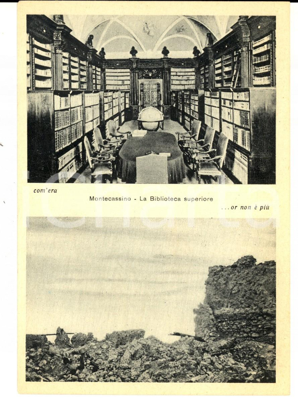 Cartolina originale da collezione 1945 ca ABBAZIA MONTECASSINO Biblioteca prima e dopo il bombardamento Cartolina 1