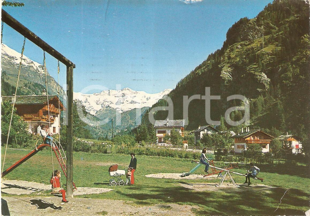 Cartolina originale da collezione 1978 GRESSONEY-SAINT-JEAN (AO) Parco giochi e Monte Rosa *Cartolina FG NV 1
