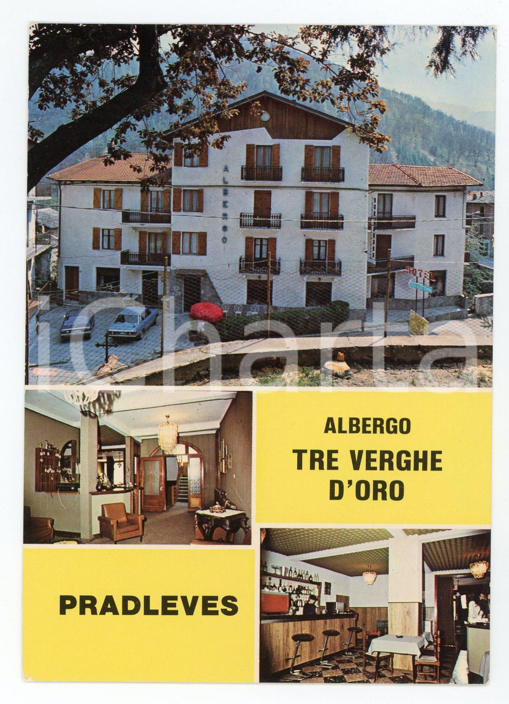 Cartolina originale da collezione 1980 ca PRADLEVES (CN) Hotel TRE VERGHE D'ORO Vedutine Cartolina postale VINTAGE 1