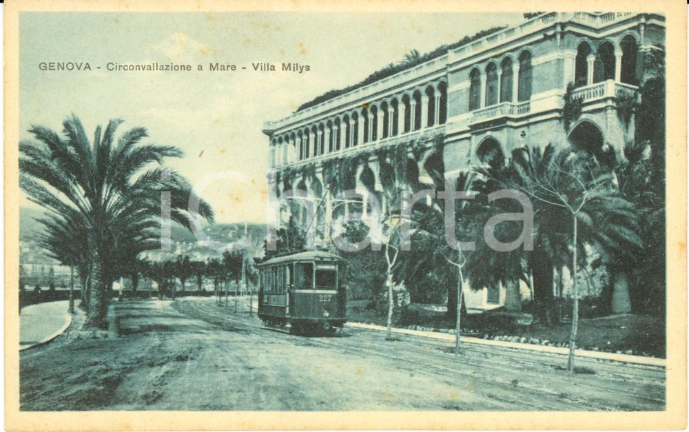 Cartolina originale da collezione 1930 ca GENOVA Circonvallazione a mare - Villa MILYS *Cartolina ANIMATA tram 1