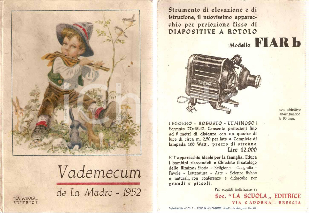 Libro, pubblicazione d'epoca 1952 VADEMECUM DE LA MADRE Proiettore diapositive FIAR B * Ed. LA SCUOLA 1
