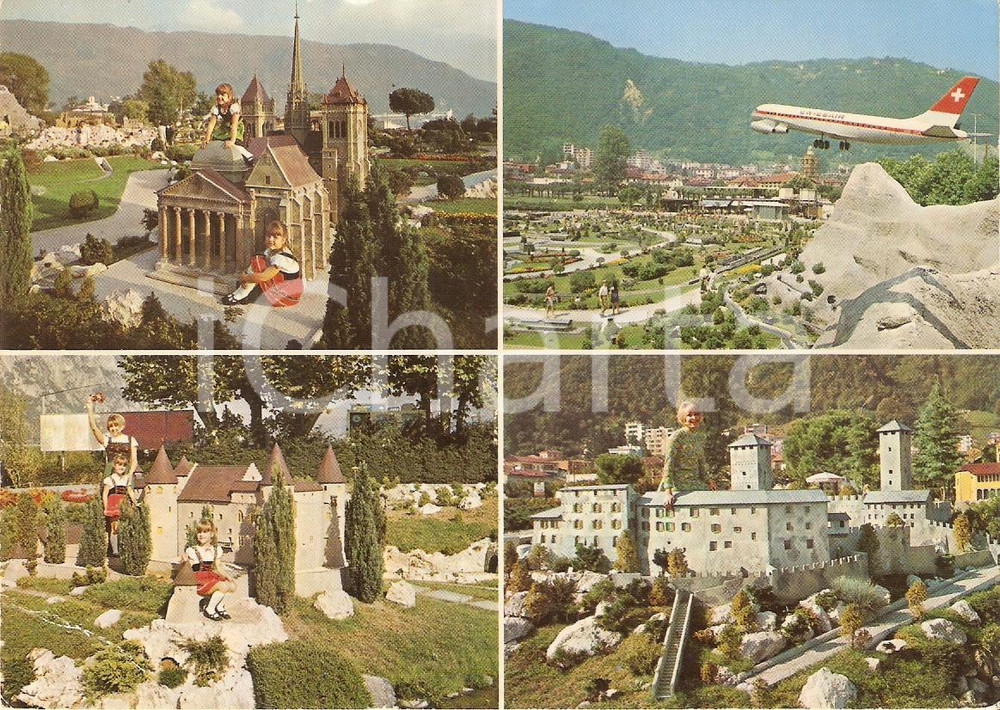 Cartolina originale da collezione 1972 MELIDE SUISSE SWISSMINIATUR Vedutine con aereo Cartolina animata FG VG 1