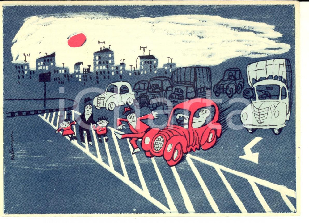 Cartolina originale da collezione 1950 ca PETROLI AQUILA Sicurezza traffico  Diritti del pedone Renzo KOLLMANN 1