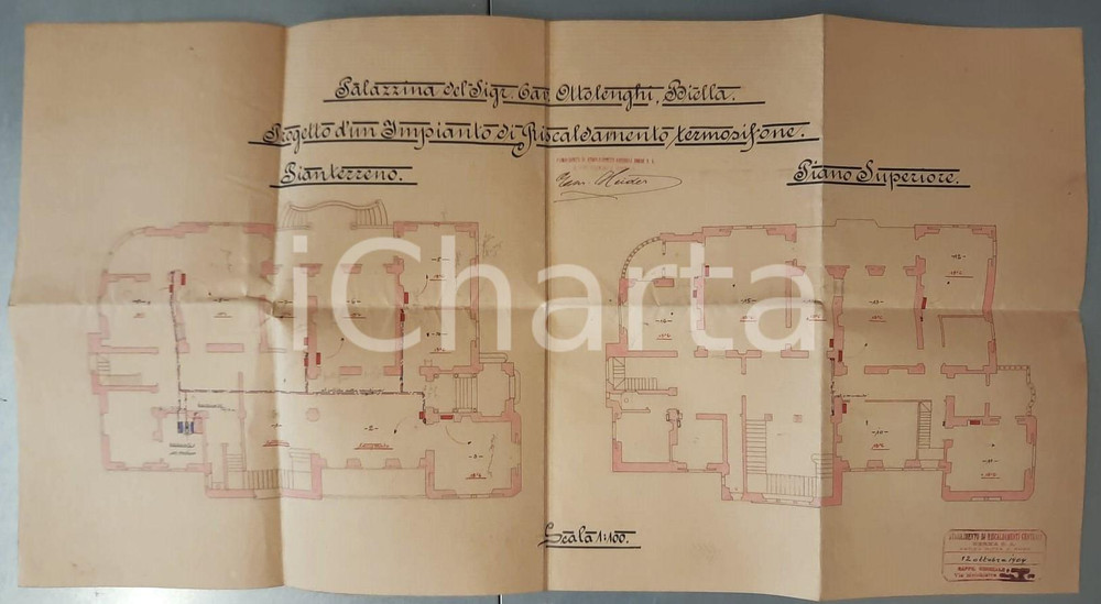 Mappa, planimetria storica 1904 BIELLA Palazzina cav. OTTOLENGHI Progetto termosifone BERNA S. A. 1