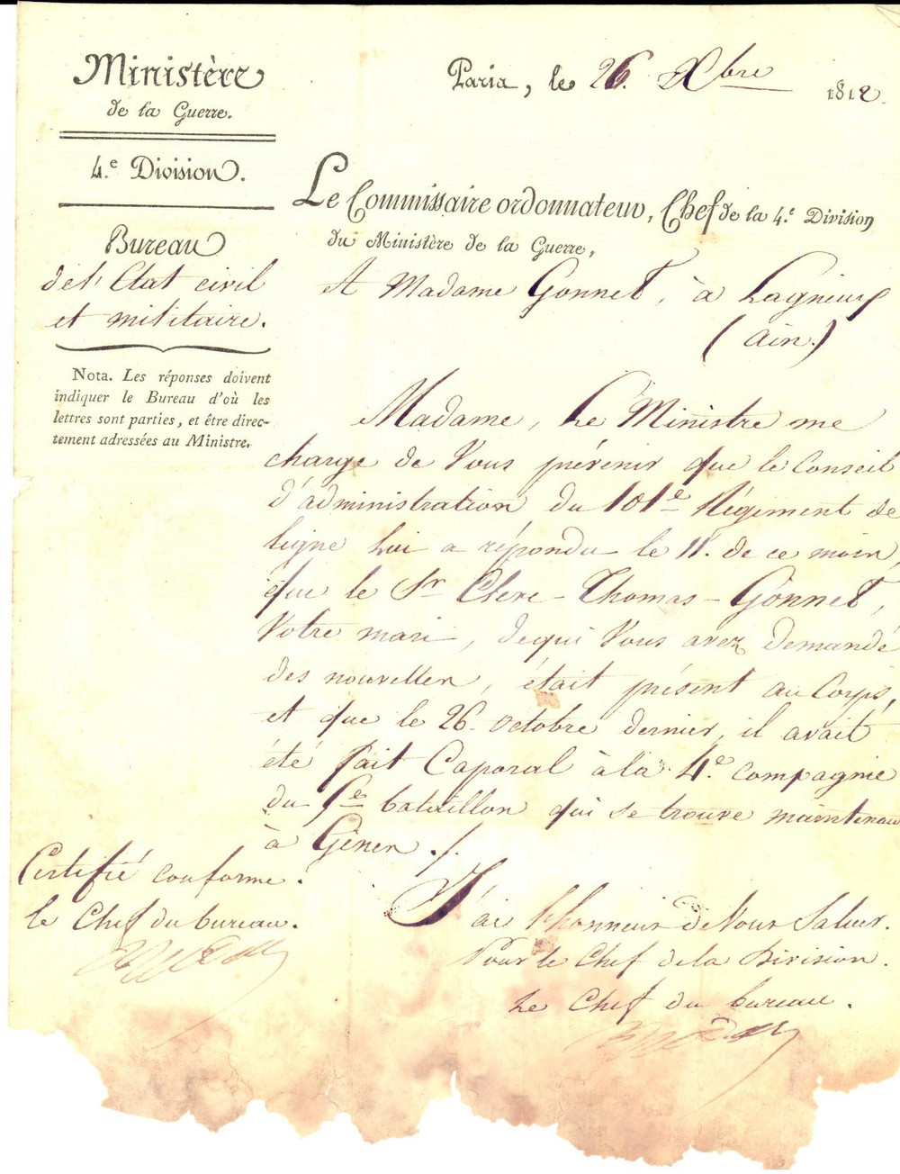 Documento originale, autentico 1812 LAGNIEU F ESERCITO NAPOLEONICO Sulla sorte del caporale Thomas GONNET 1