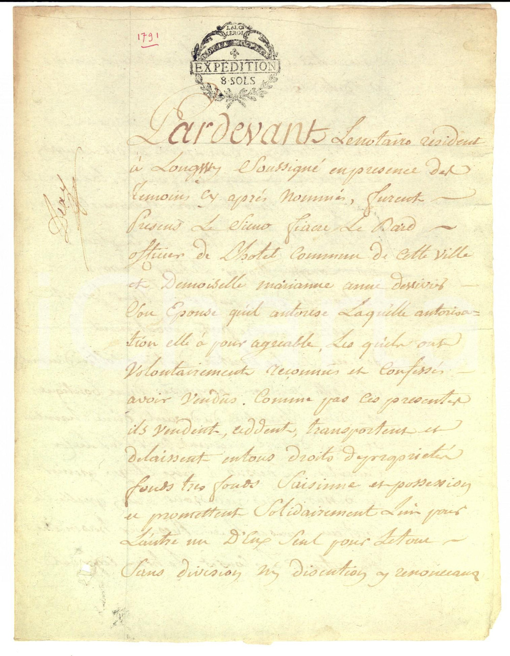 Manoscritto, lettera originale 1791 LONGWY F Orologiaio Jean Francois ARQUIN acquista casa con bottega 1