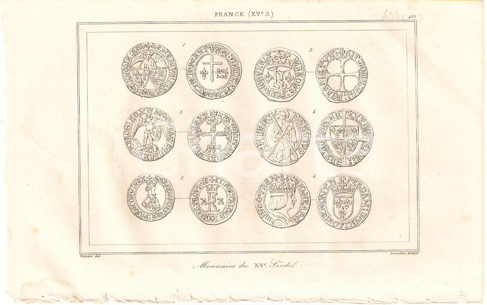 Stampa, bozzetto originale 1840 FRANCE Monnaies du XV siecle - L'univers *Stampa inc. LEMAITRE 1